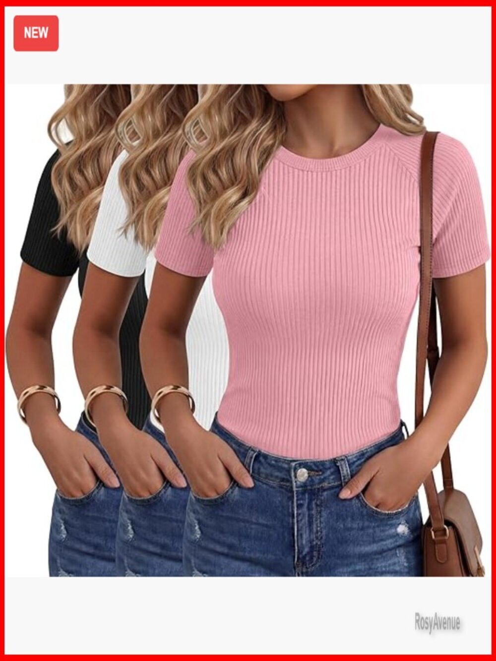 Slim Fit Ribbed Cotton Tees, 3 Pack Short Sleeve Crewneck Tops